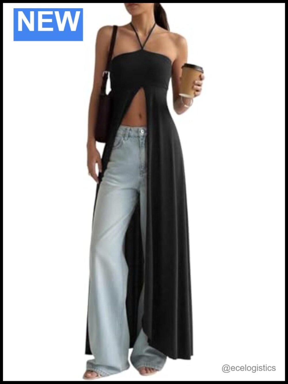 Halter Maxi Top Sleeveless High Split Flowy Tunic Backless Travel Vacation Long